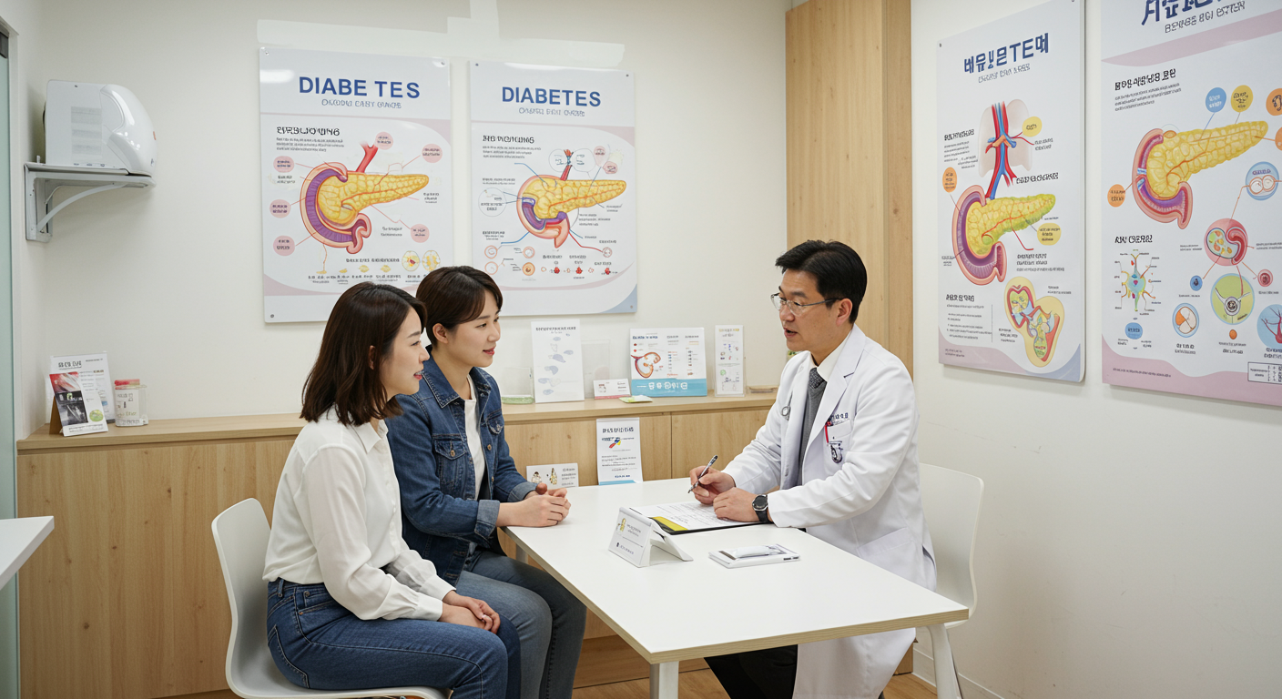 현대적인 병원에서 의사가 젊은 부부에게 당뇨 초기 증상에 대해 설명하는 모습