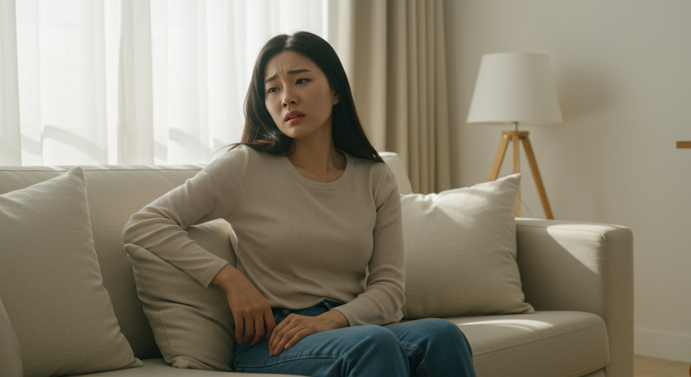 집에서 어지럽고 무기력함을 느끼며 소파에 앉아 있는 여성