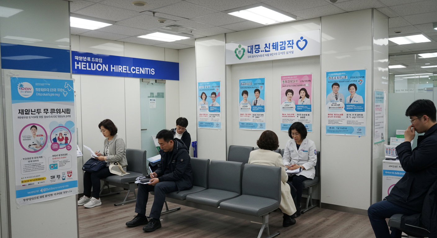 서울의 건강검진 센터에서 검진을 기다리는 사람들과 당뇨 예방 포스터
