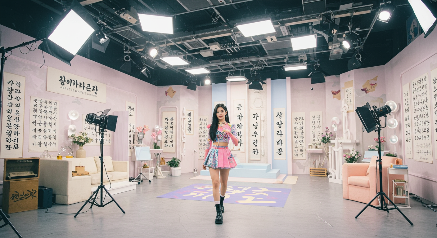 창작 스튜디오에서 예술적 요소와 한글의 아름다움에 대한 영감을 받는 모습