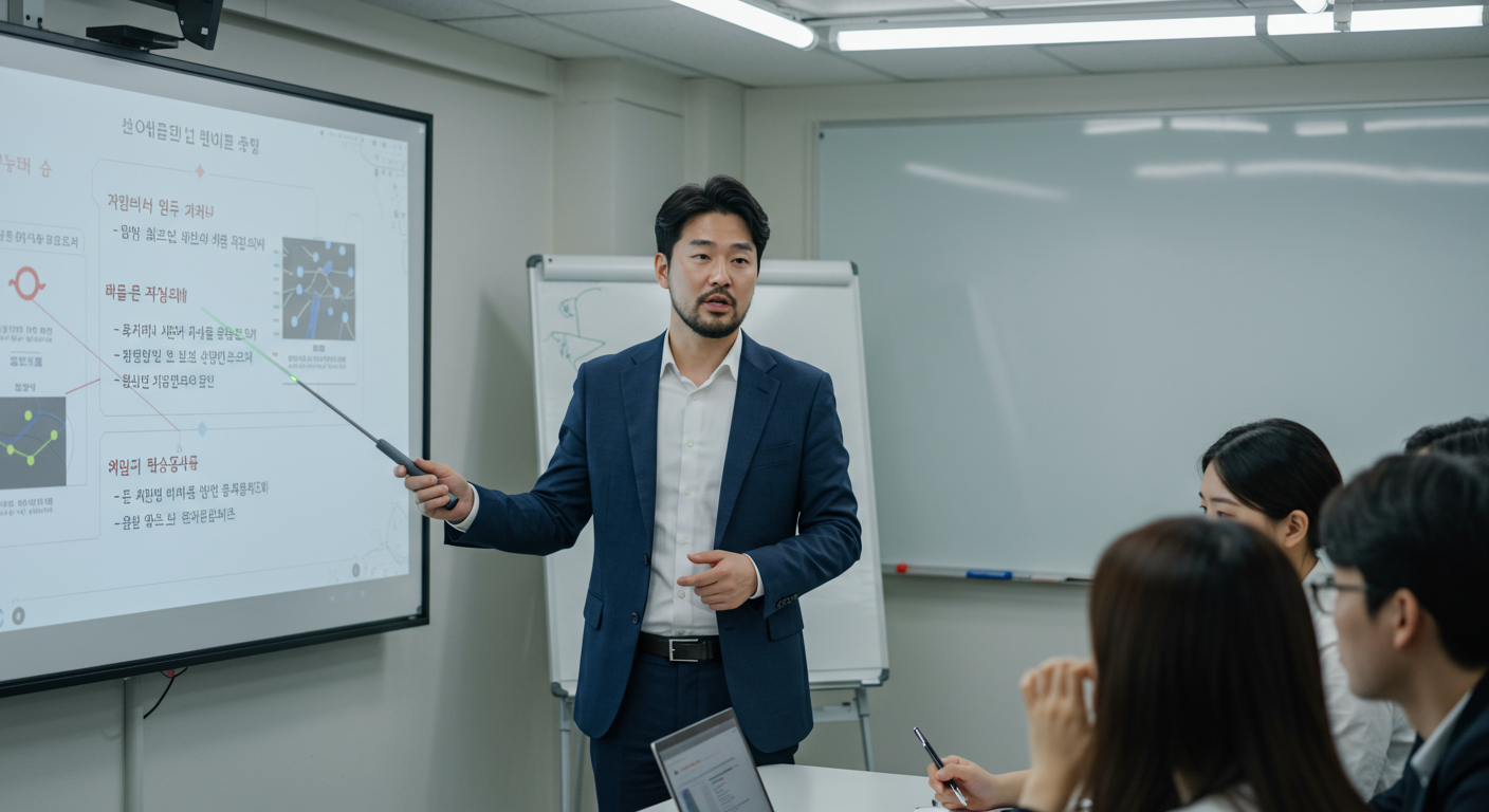 화면에 명확한 지침을 제시하며 팀에게 프레젠테이션하는 관리자