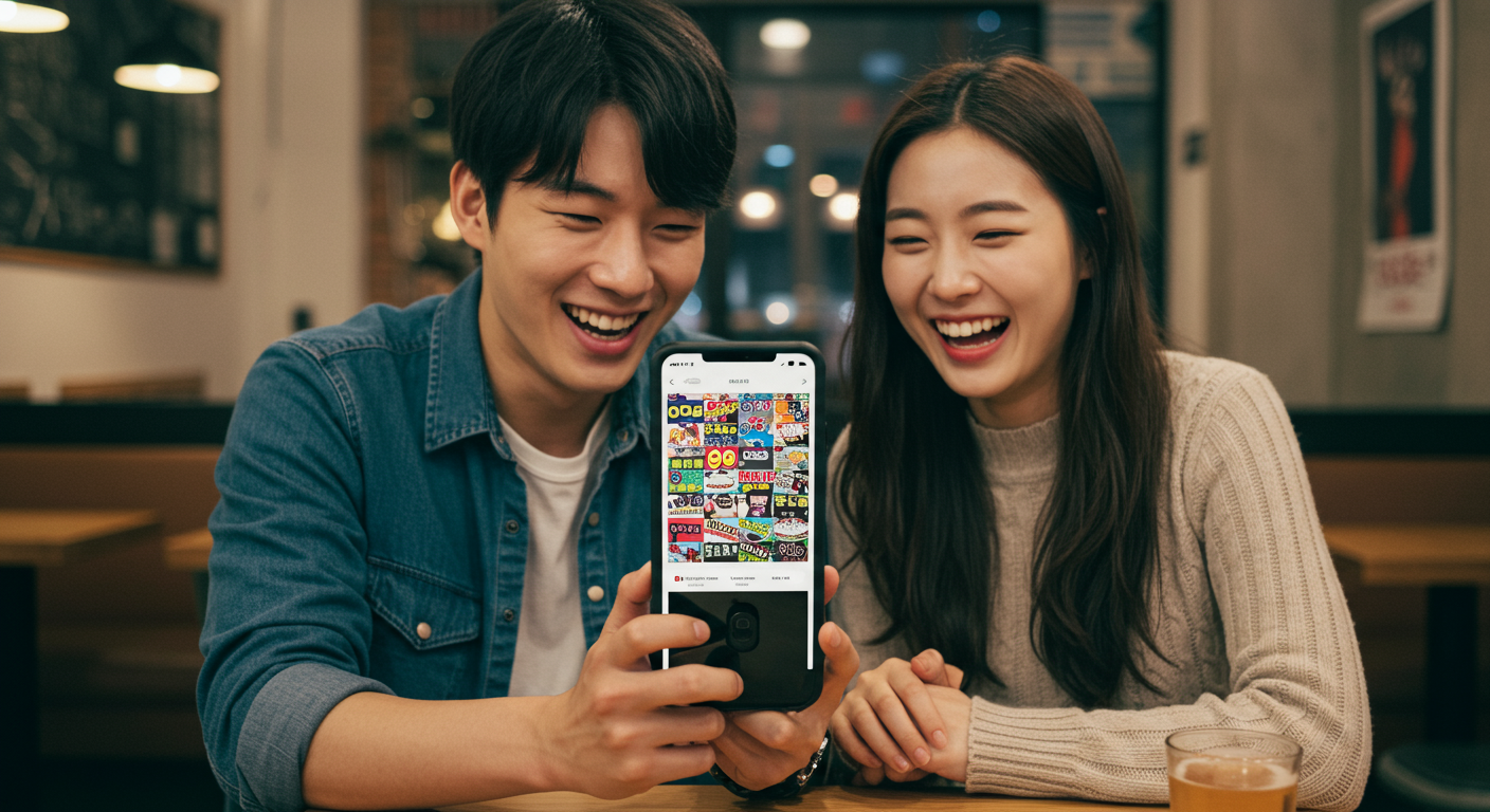 젊은 남녀가 카페에서 스마트폰으로 아재개그를 보며 웃고 있는 모습
