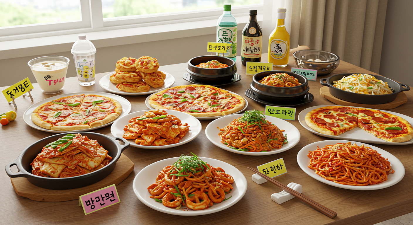 피자와 김치 치즈 등 다양한 음식을 유머러스하게 표시한 식탁