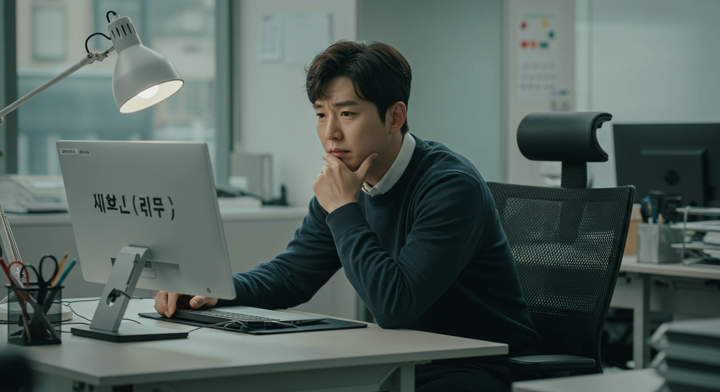 사무실 책상 앞에서 '어떻게'와 '어떡해'를 보며 혼란스러워하는 직장인