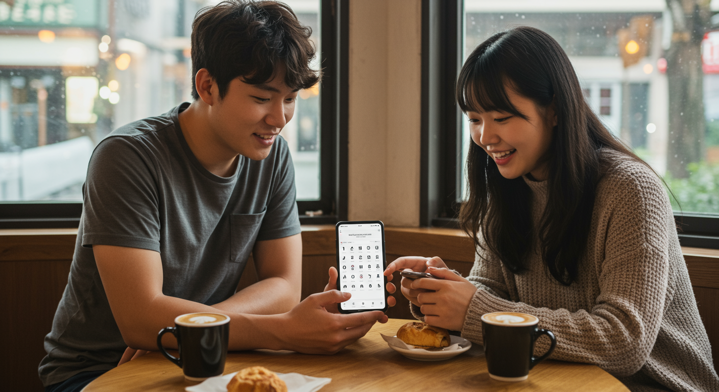 카페에서 발음 차이를 스마트폰 앱으로 확인하며 토론하는 학생들