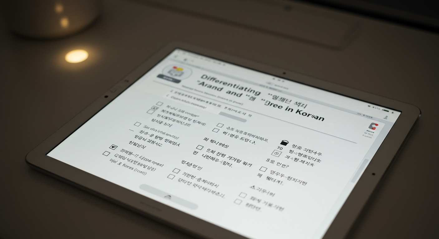 디지털 태블릿 화면에 나타난 올바른 맞춤법 사용 체크리스트