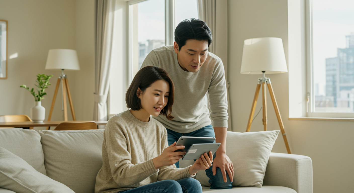 현대적 거실에서 태블릿을 보며 카드 혜택에 대해 이야기하는 한국 커플