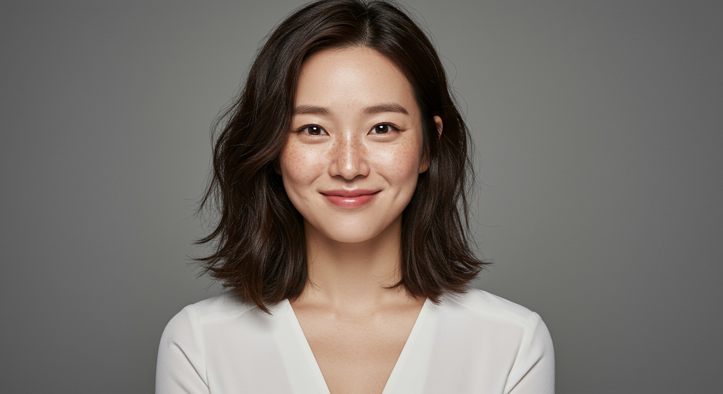 자연스러운 주근깨를 가진 여배우가 스튜디오에서 당당하게 포즈를 취하는 모습