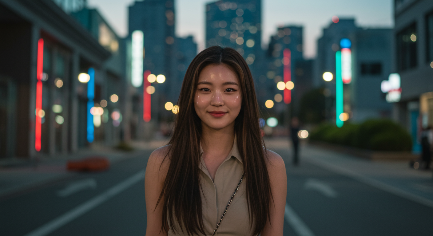 현대 도시 풍경 속에서 빛나는 피부를 가진 젊은 여성이 걷고 있는 모습