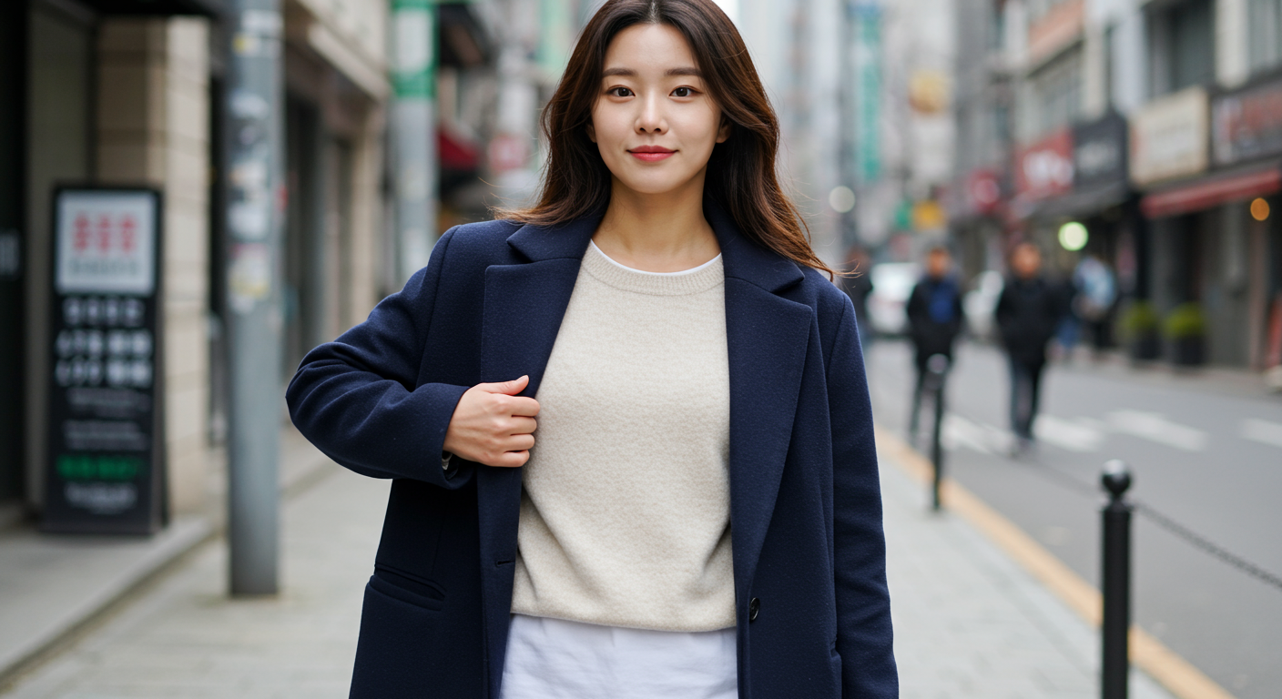 베이스 티셔츠와 스웨터 그리고 코트를 입은 모델이 도시 배경에서 레이어링 전략을 보여주는 모습