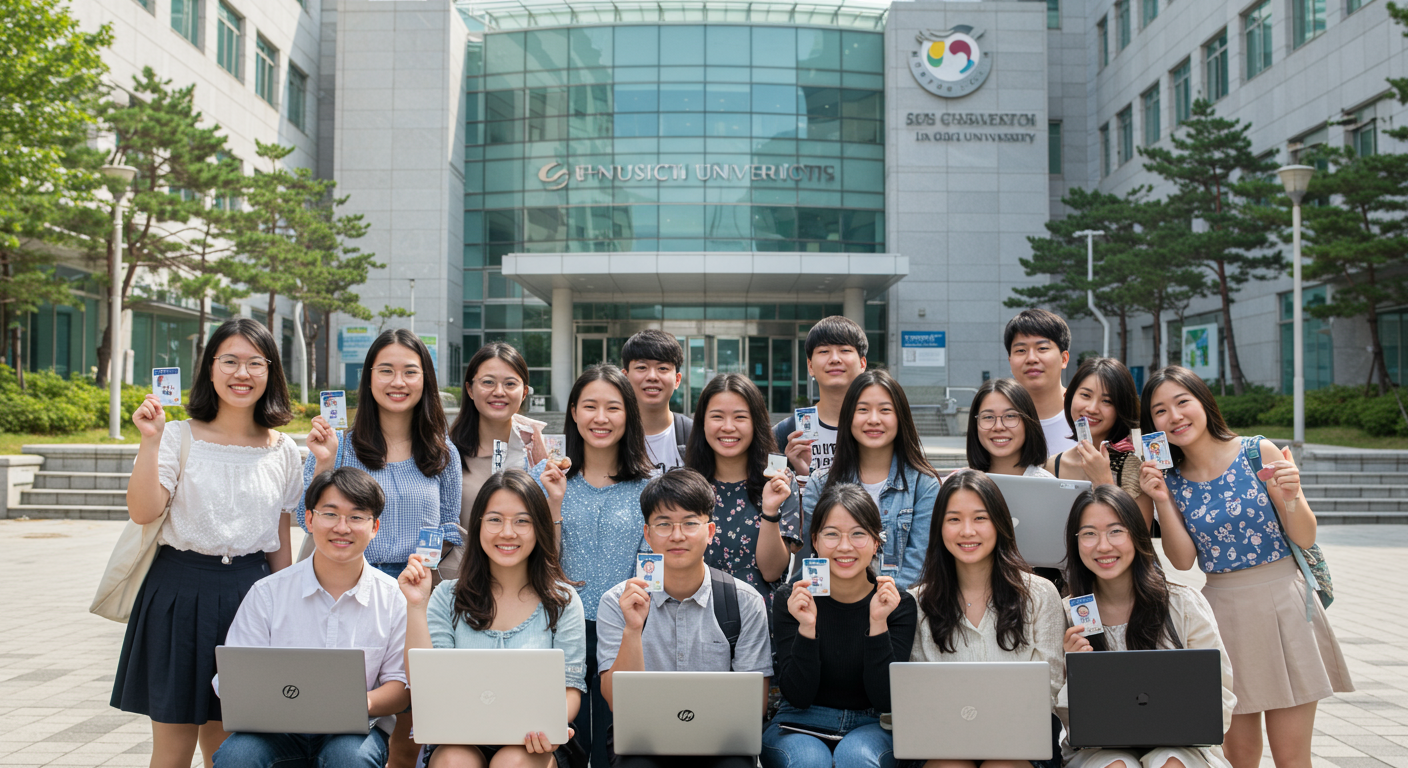학교 건물 앞에서 신분증을 들고 있는 다양한 학생들
