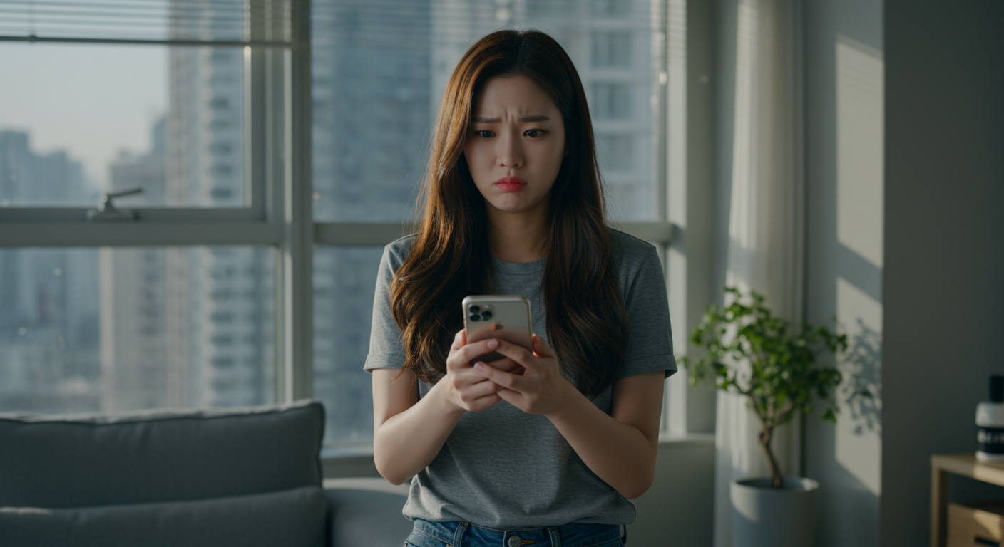 스마트폰을 들고 혼란스러운 표정을 짓고 있는 젊은 여성이 현대적인 서울 아파트에 있는 모습