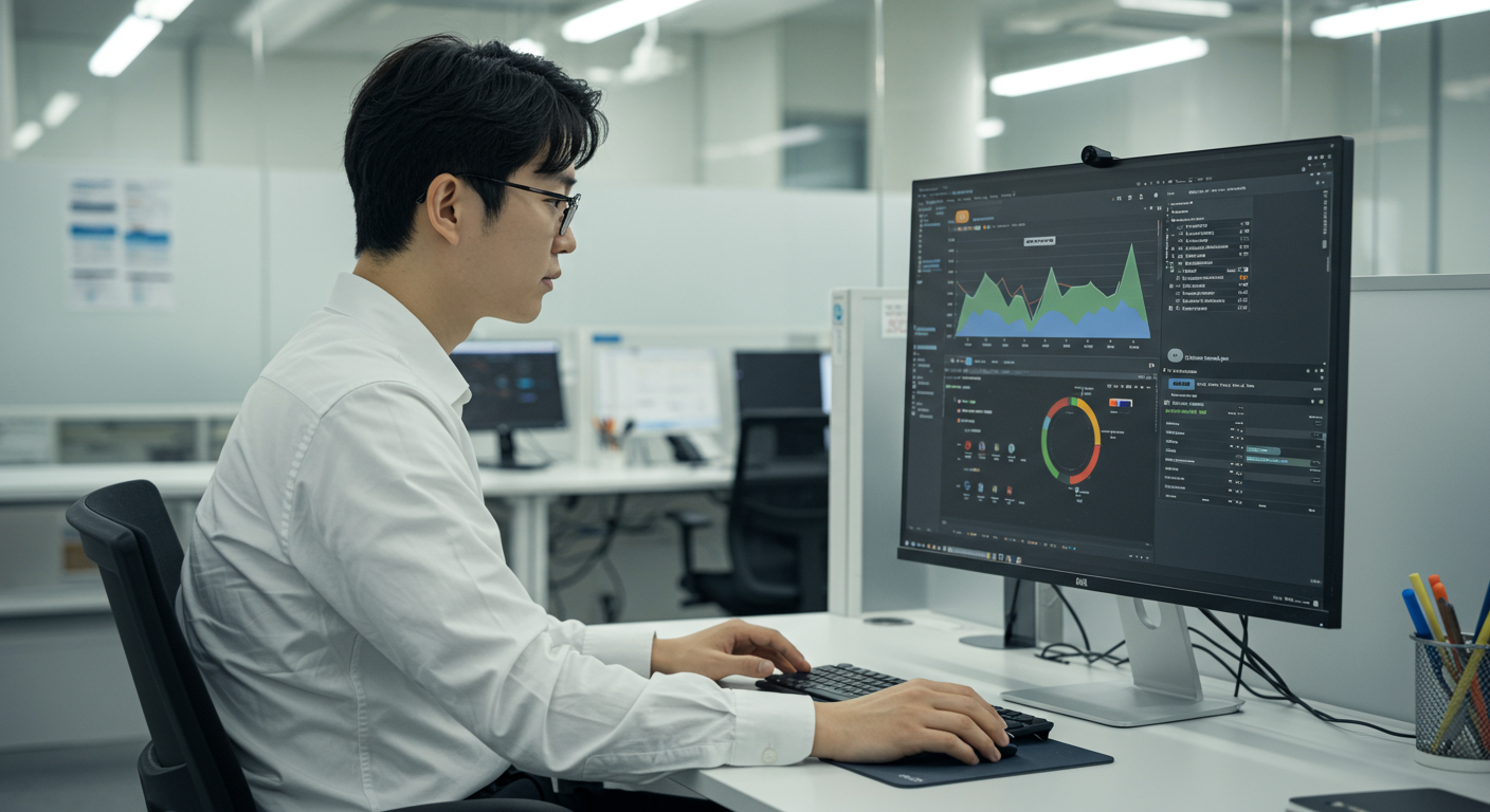 세련된 오피스에서 앱 업데이트와 호환성 문제를 컴퓨터 화면으로 분석하는 한국의 IT 전문가