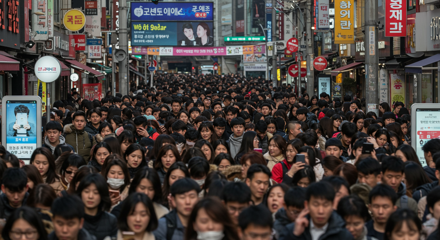 소셜 미디어 앱 업데이트 배너가 걸린 서울 시내 거리에서 스마트폰을 사용하며 불만을 표현하는 사람들