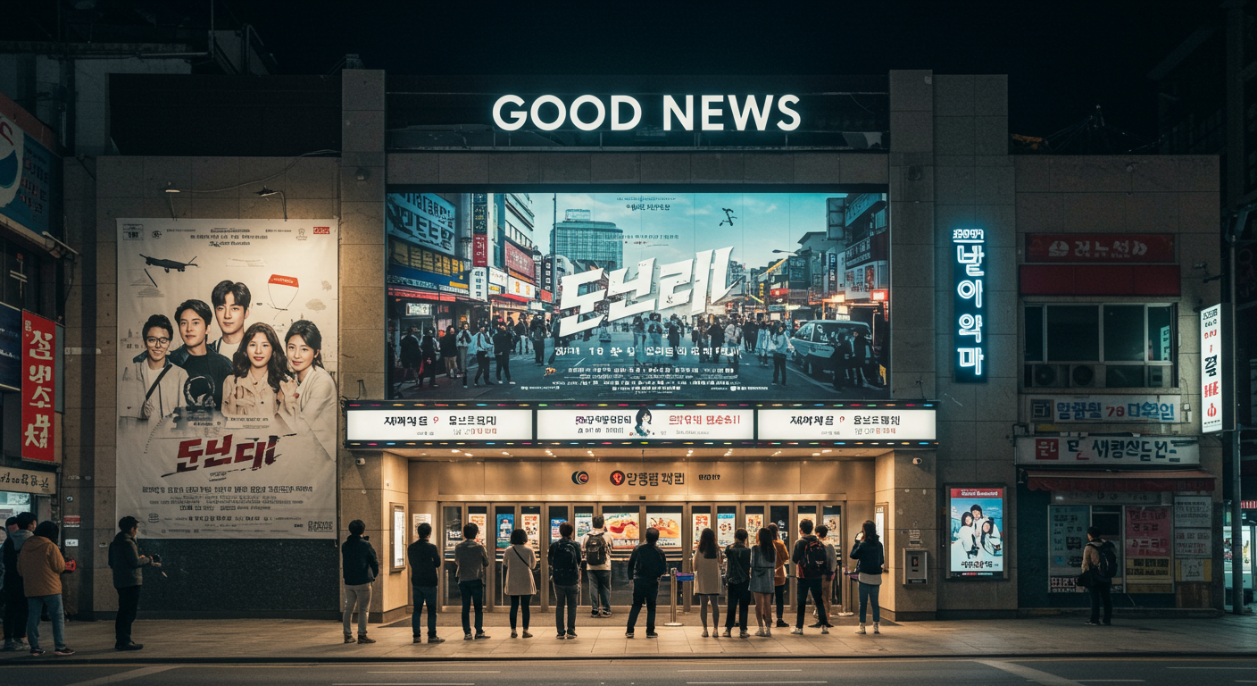 도시 영화관에서 한국과 일본 배우들이 출연한 영화 '굿 뉴스'의 포스터 앞에 모여든 관객들