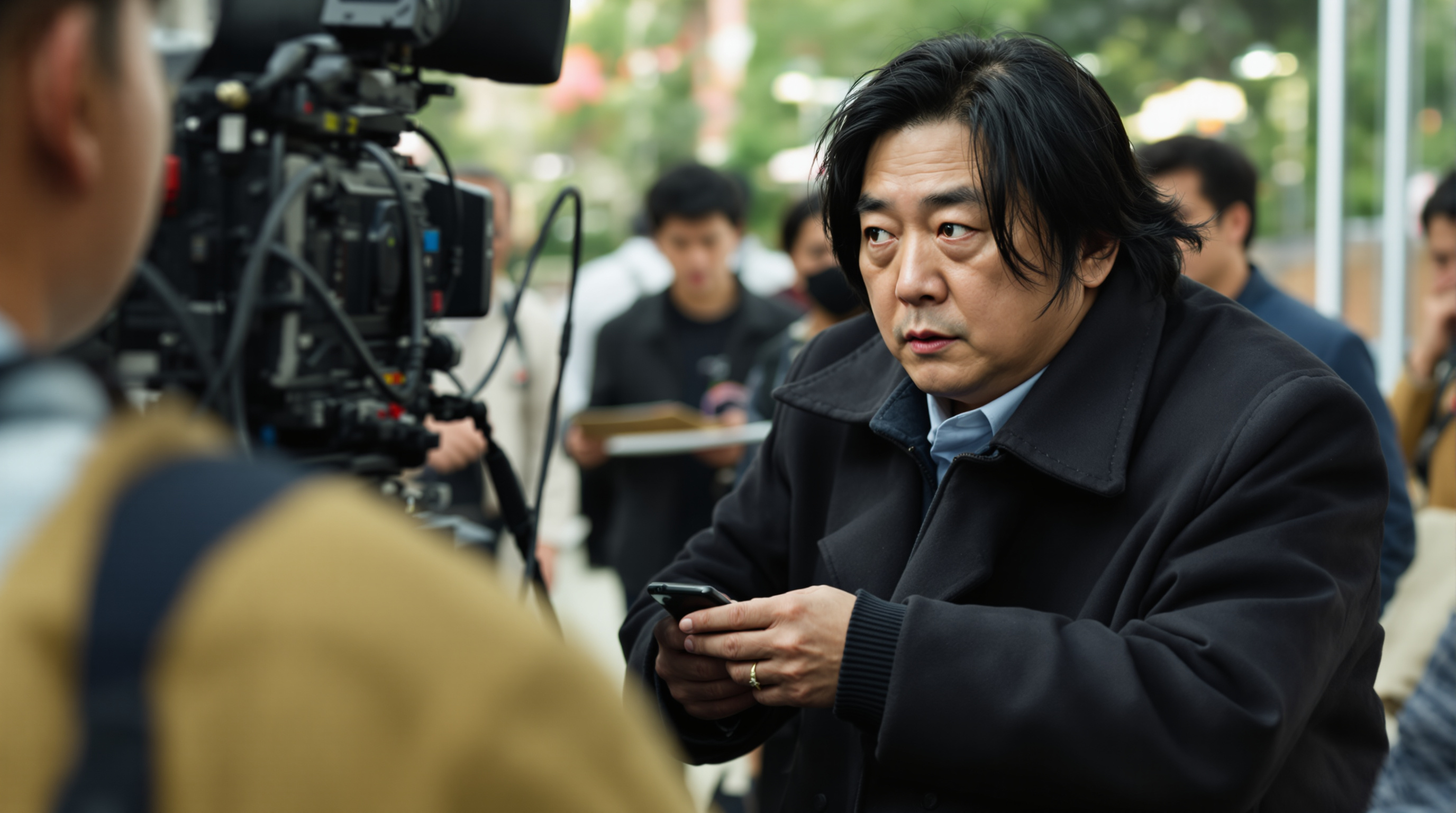박찬욱 감독이 카메라 장비와 스태프들 사이에서 집중하는 모습