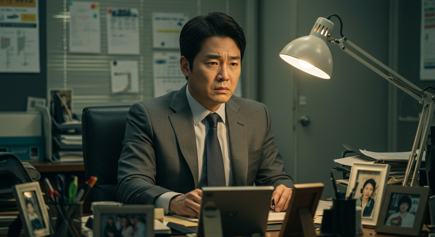 책상 위 가족사진을 보며 고민에 빠진 직장인의 모습