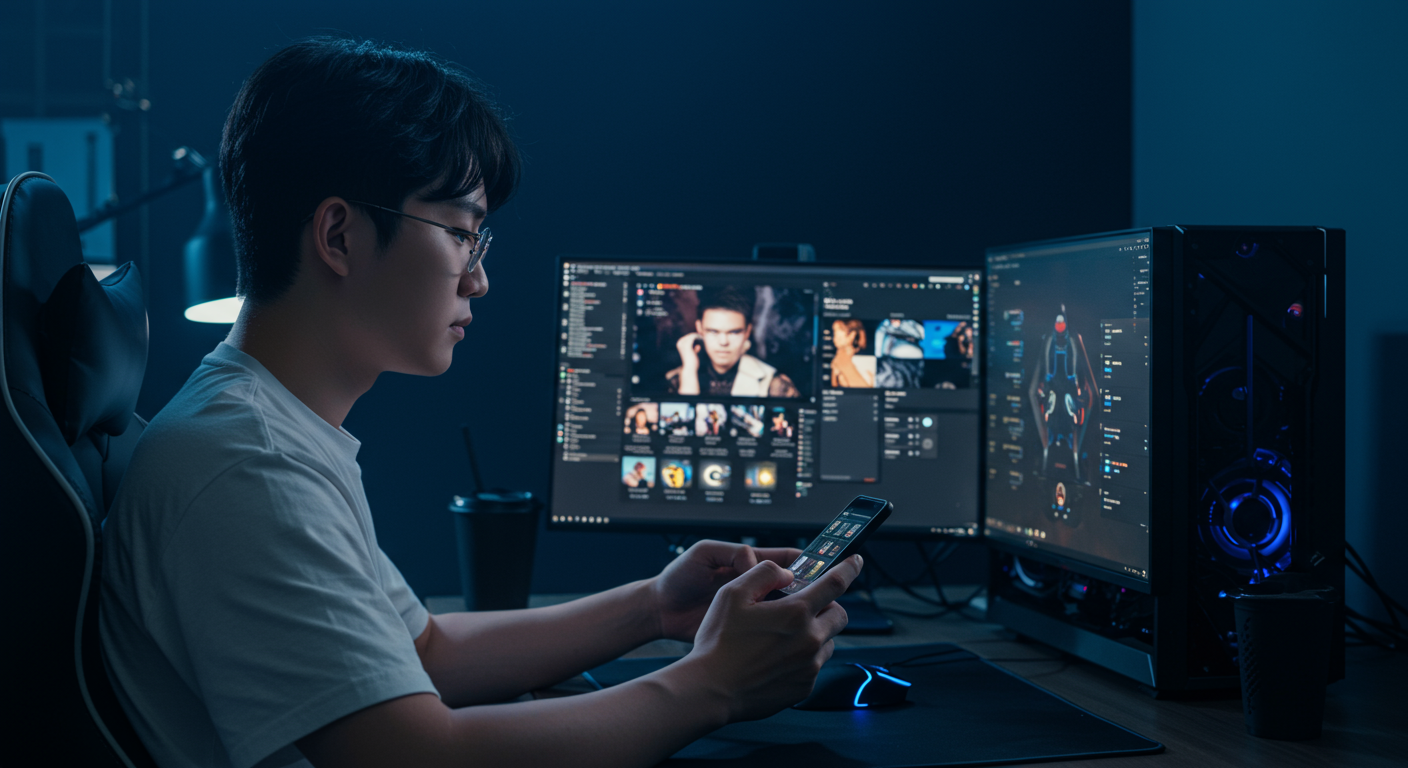 최첨단 PC 세팅과 스마트폰을 사용하여 온라인 게임 커뮤니티를 탐색하는 게이머의 모습