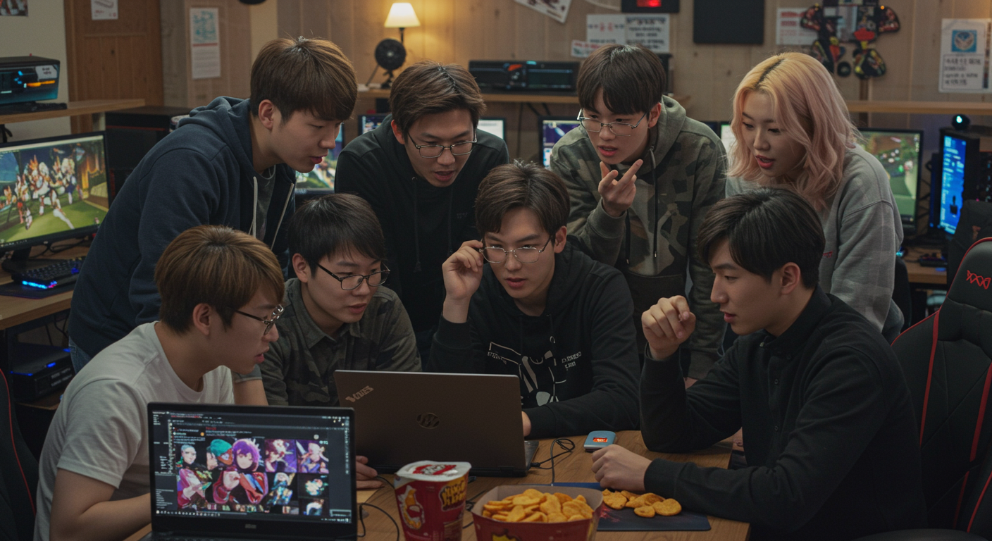 인터넷 카페에서 팬아트와 게임 전략에 대해 활발히 토론하는 다양한 게이머들의 모습