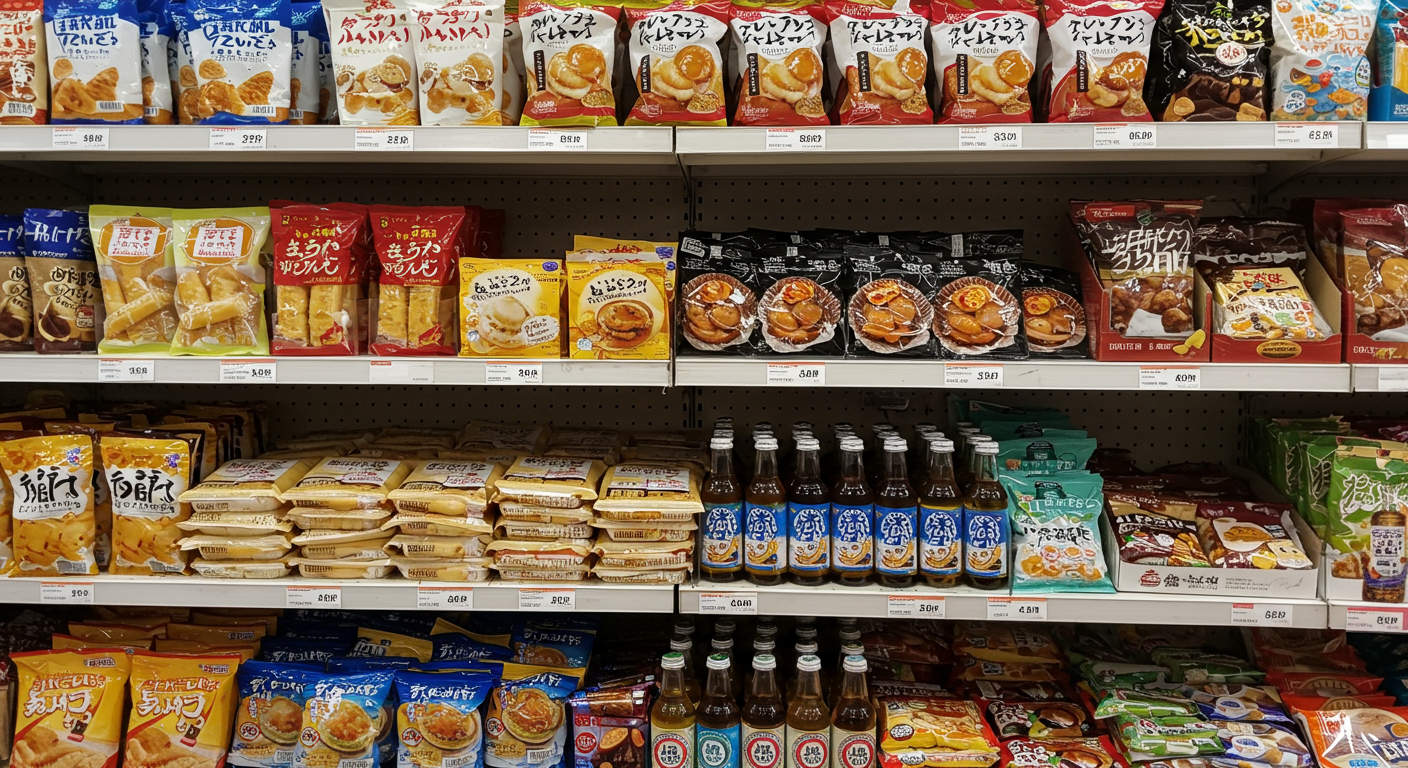 홋카이도 치즈 스틱과 구운 가리비 같은 지역 기념품들이 진열된 모습
