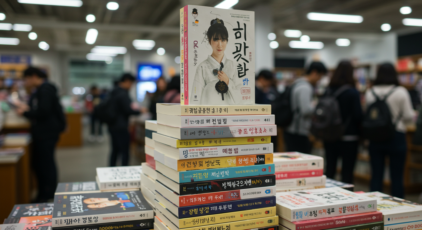 다양한 언어로 번역된 한국 베스트셀러 도서 더미와 전 세계 독자들의 모습