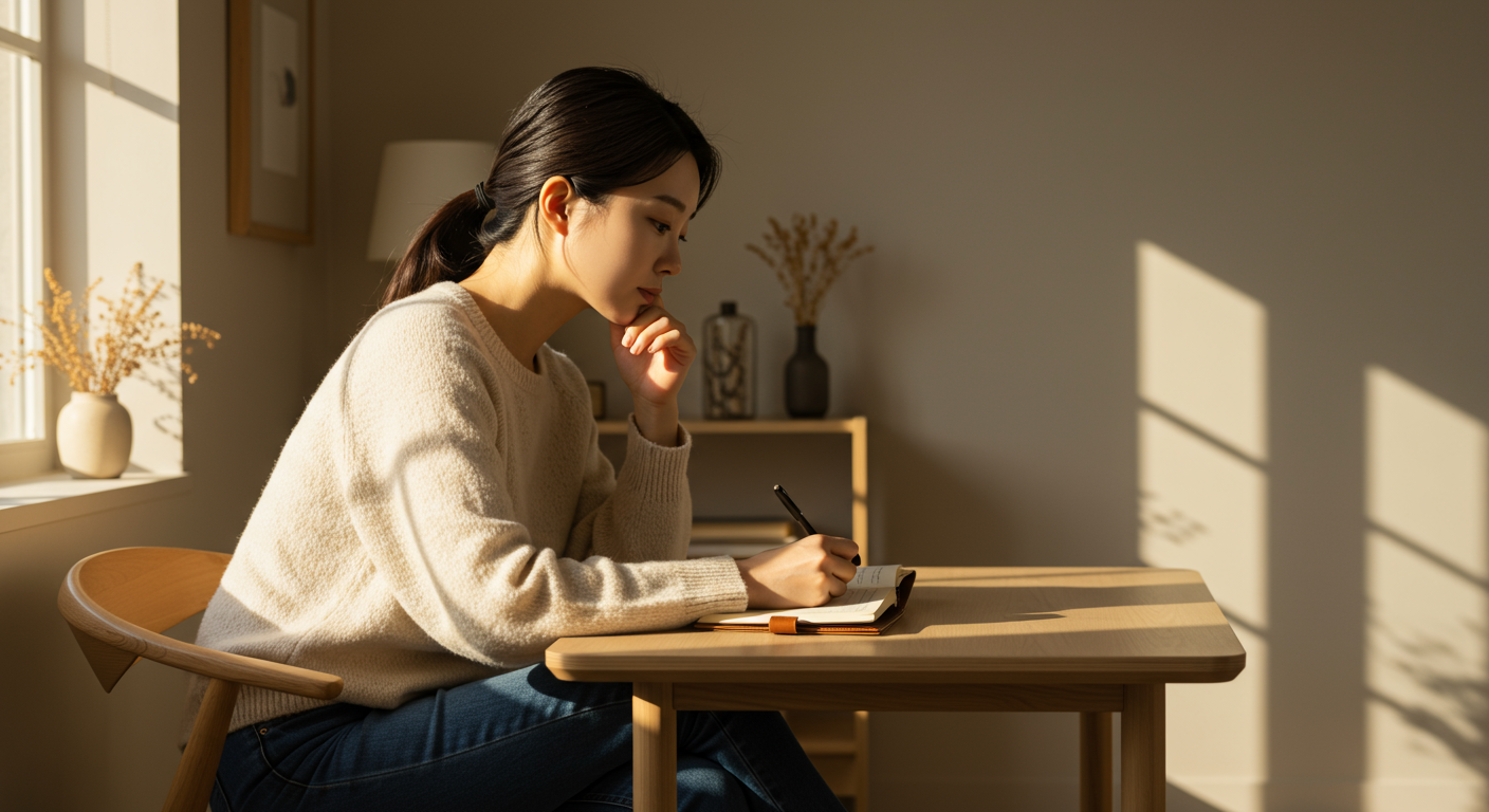 따뜻한 방에서 글쓰기를 통해 마음을 치유하는 여성