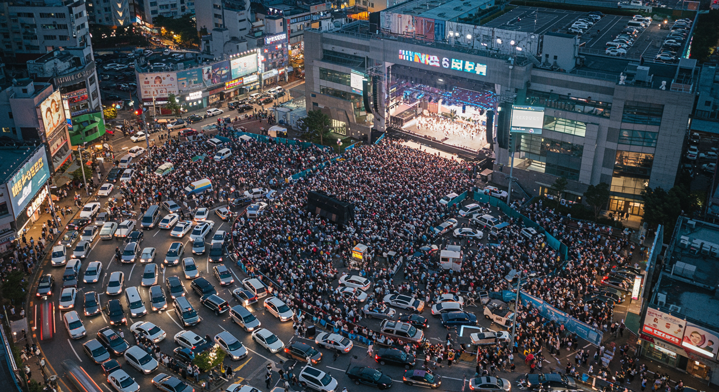 대형 공연장 앞에서 많은 차들이 주차 공간을 찾고 있는 모습