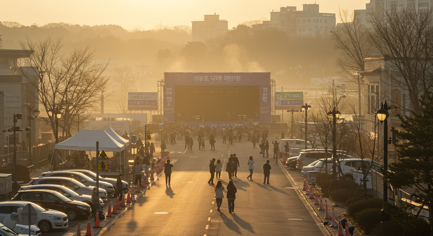 한국 콘서트 장소 주변의 이른 아침 풍경과 준비하는 사람들