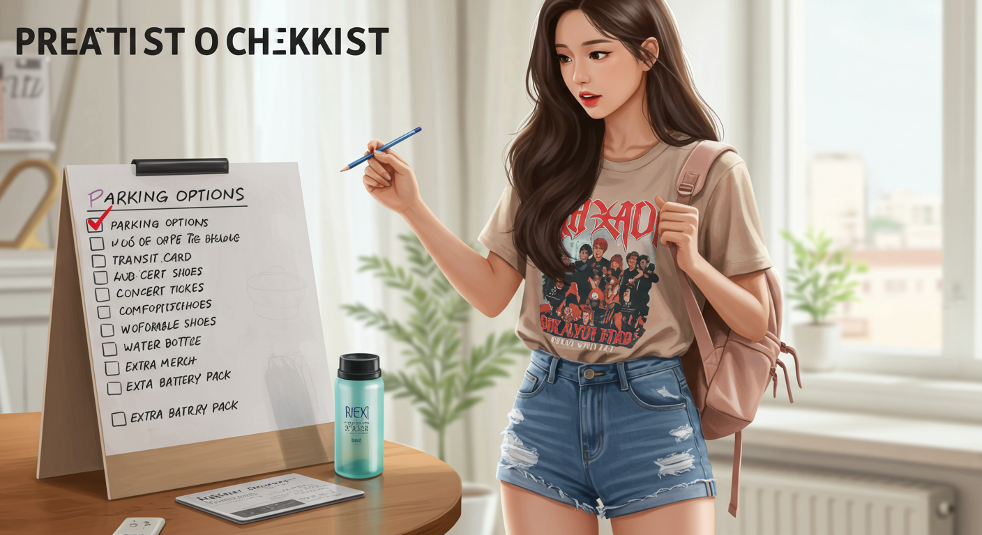 젊은 여성이 콘서트 전에 체크리스트를 확인하는 장면