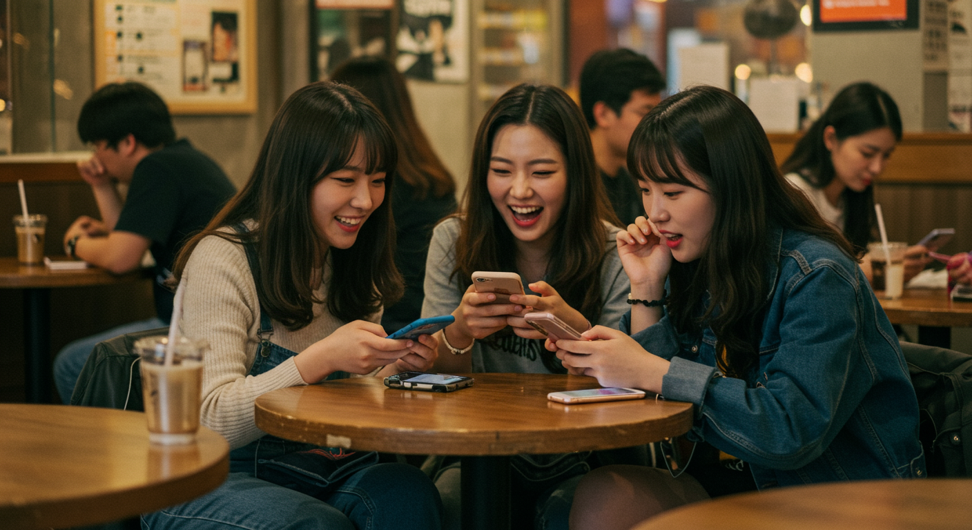 카페에서 스마트폰을 보며 인기 노래를 이야기하는 젊은 사람들