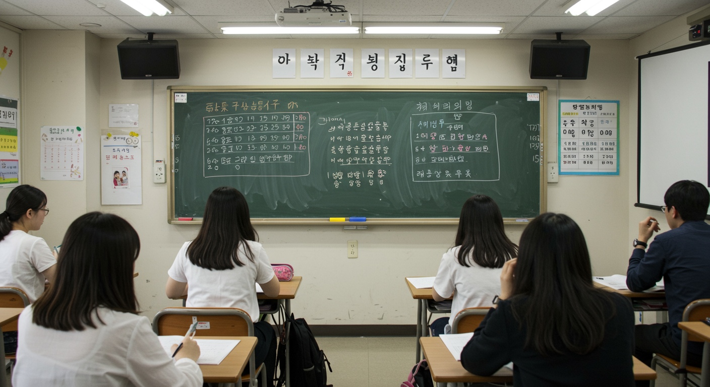 교실에서 일본어 발음을 배우고 있는 학생들 모습