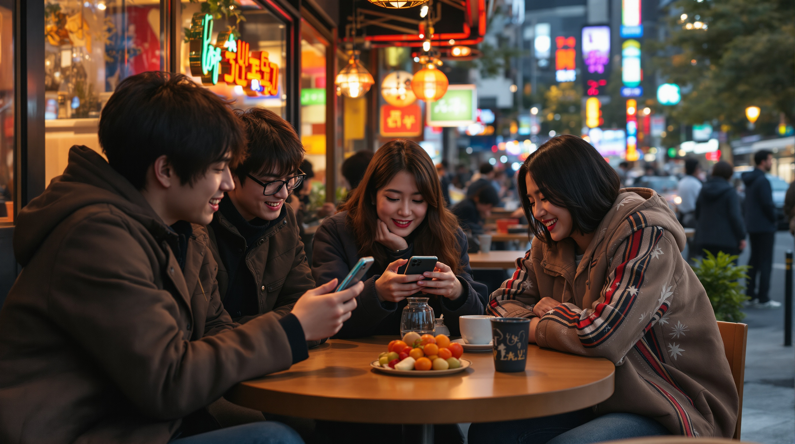서울 카페에서 스마트폰으로 요네즈 켄시의 신곡을 이야기하는 음악 팬들