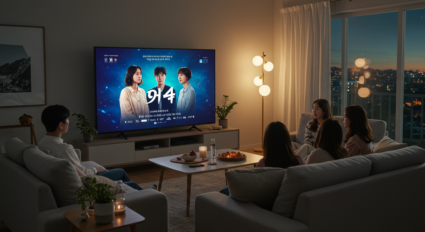 TV 앞에서 '환승연애4'를 시청하며 모여 있는 가족이나 친구들의 모습
