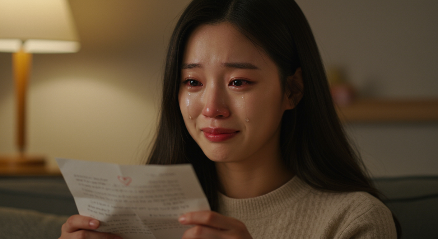 조명이 부드러운 방 안에서 감성적인 편지를 읽으며 눈물이 맺힌 참가자