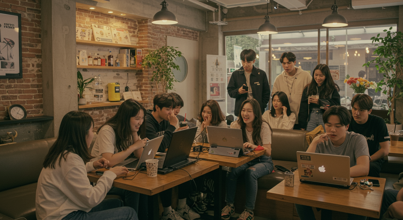 트렌디한 카페에서 라이브 방송을 시청하는 사람들