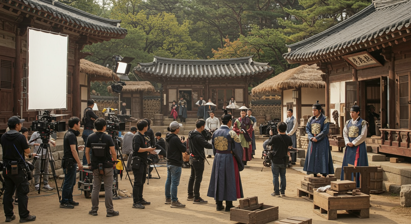 한국 영화 세트장에서 감독과 제작진이 조선시대 배경 드라마 장면을 준비하는 모습