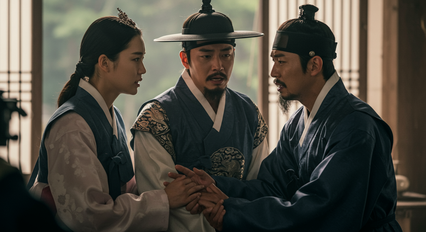 촬영장에서 감정적으로 깊은 토론을 벌이는 세 명의 배우들이 시대극 복장을 입고 있는 모습