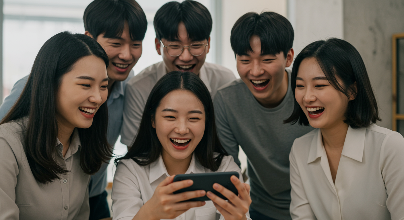 직장에서 함께 모여 SNS에 올라온 쇼츠 영상을 보고 웃고 있는 동료들