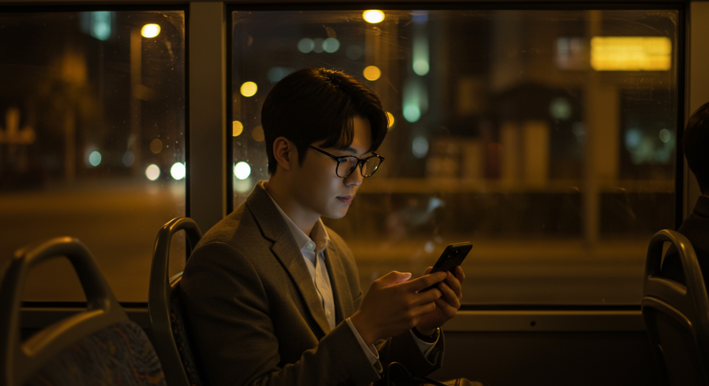 퇴근길 버스에서 스마트폰으로 재미있는 영상을 감상하는 승객