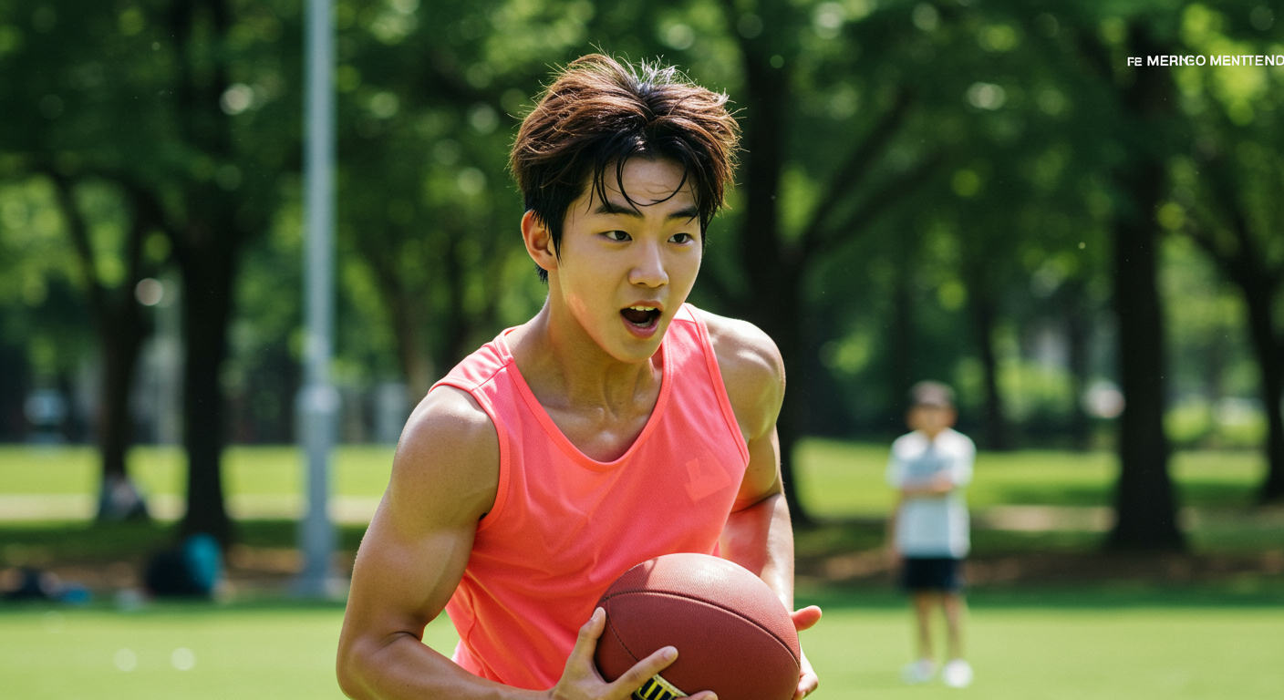 운동장에서 스포츠 활동을 하며 진지한 표정을 짓고 있는 근육질 소년