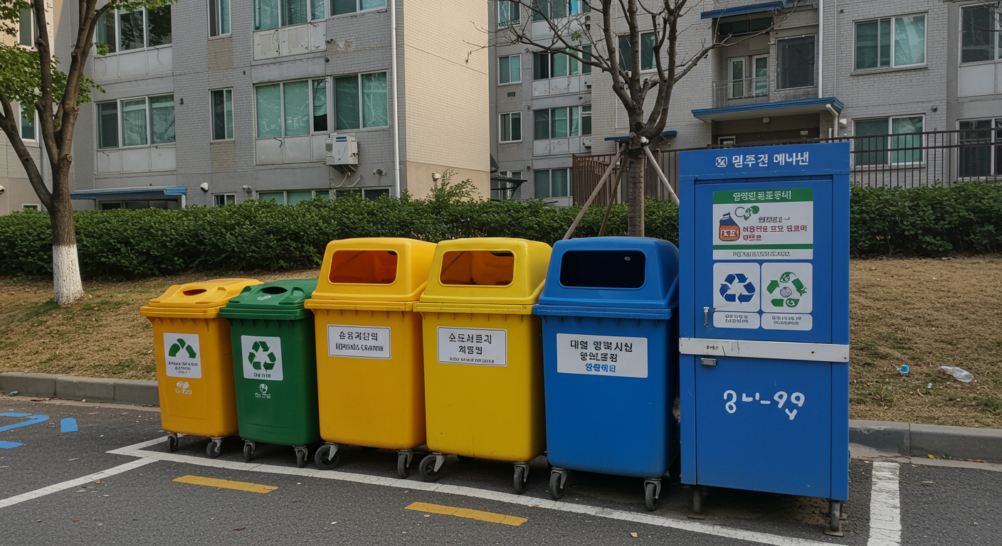 아파트 단지 내 금속 및 캔류 전용 수거함이 있는 재활용 구역