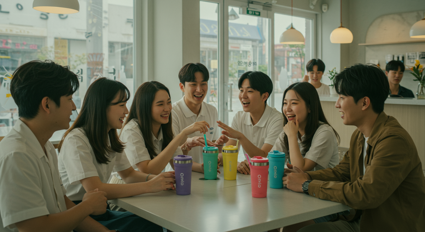 젊은 사람들이 트렌디한 카페에서 오왈라 텀블러를 사용하는 모습