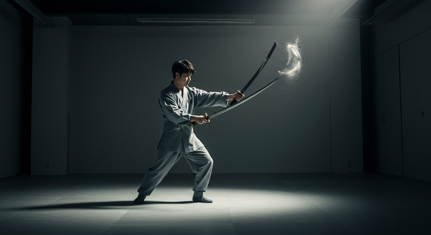 현대적인 무예 도장에서 독도투검술을 연습하는 모습
