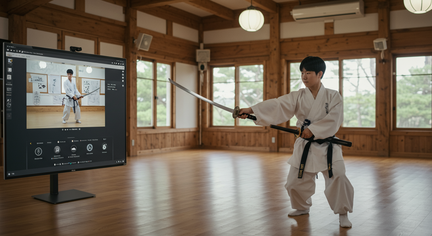 전통과 디지털 교육이 결합된 훈련장에서 검술을 시연하는 장면