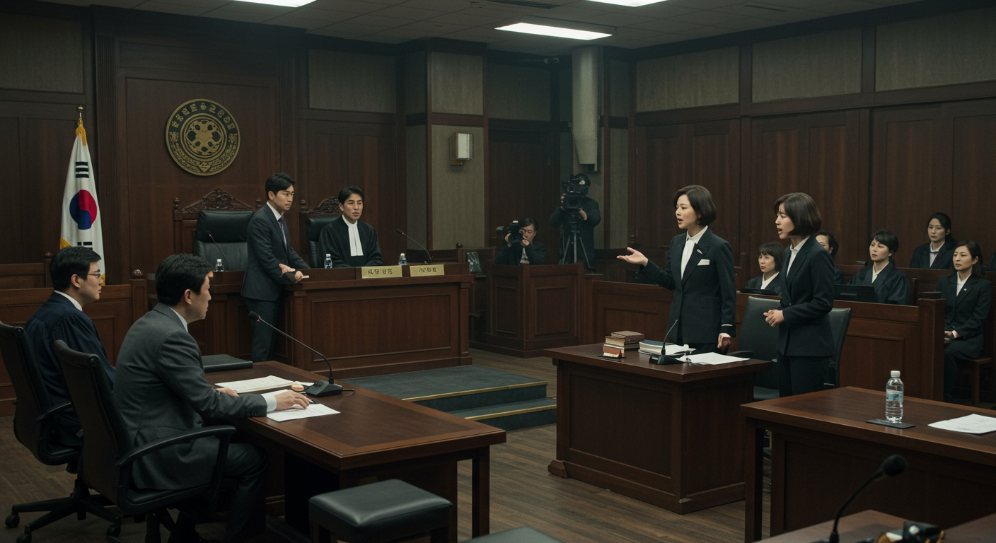 현대적인 한국 법정에서 이혼 소송을 논의하는 판사와 변호사들의 긴장된 모습
