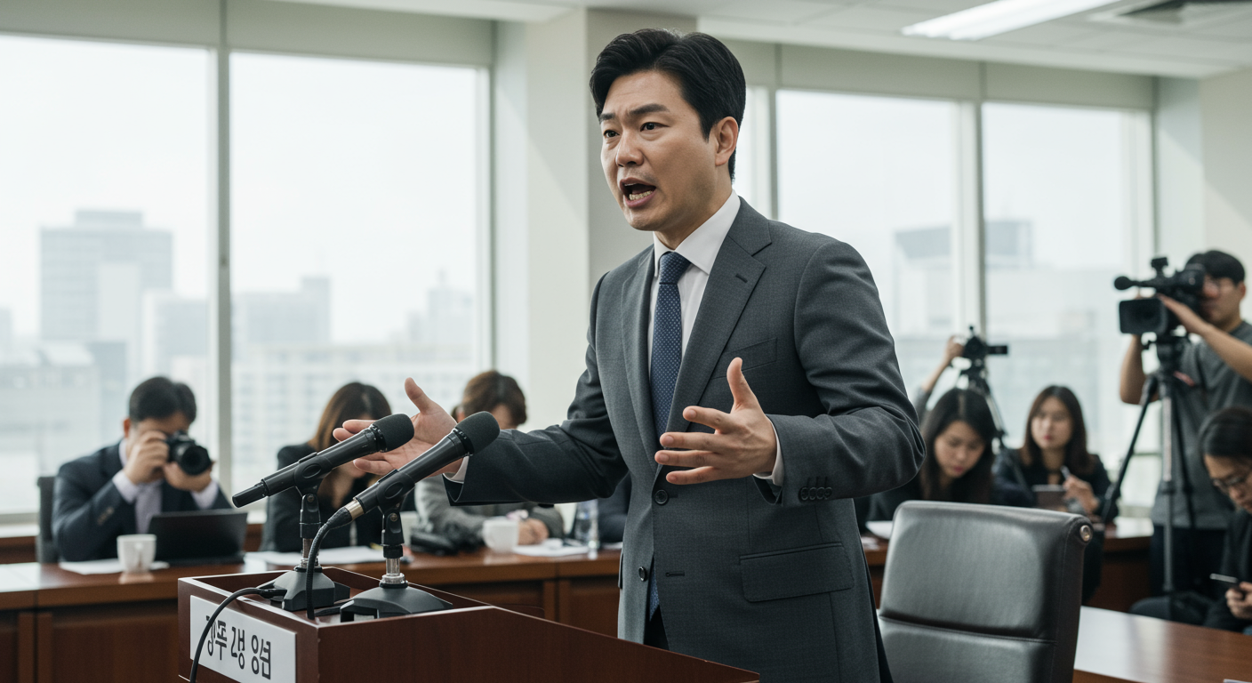 사무실 환경에서 기자회견이나 회의 중에 강하게 반대 의견을 표명하는 한국 변호사