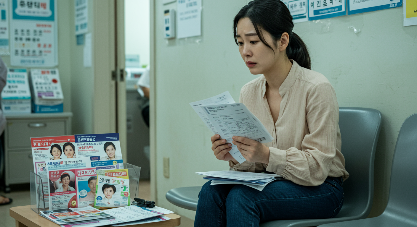 병원 대기실에서 의료 서류를 들고 있는 여성이 경제적 스트레스를 받고 있는 모습