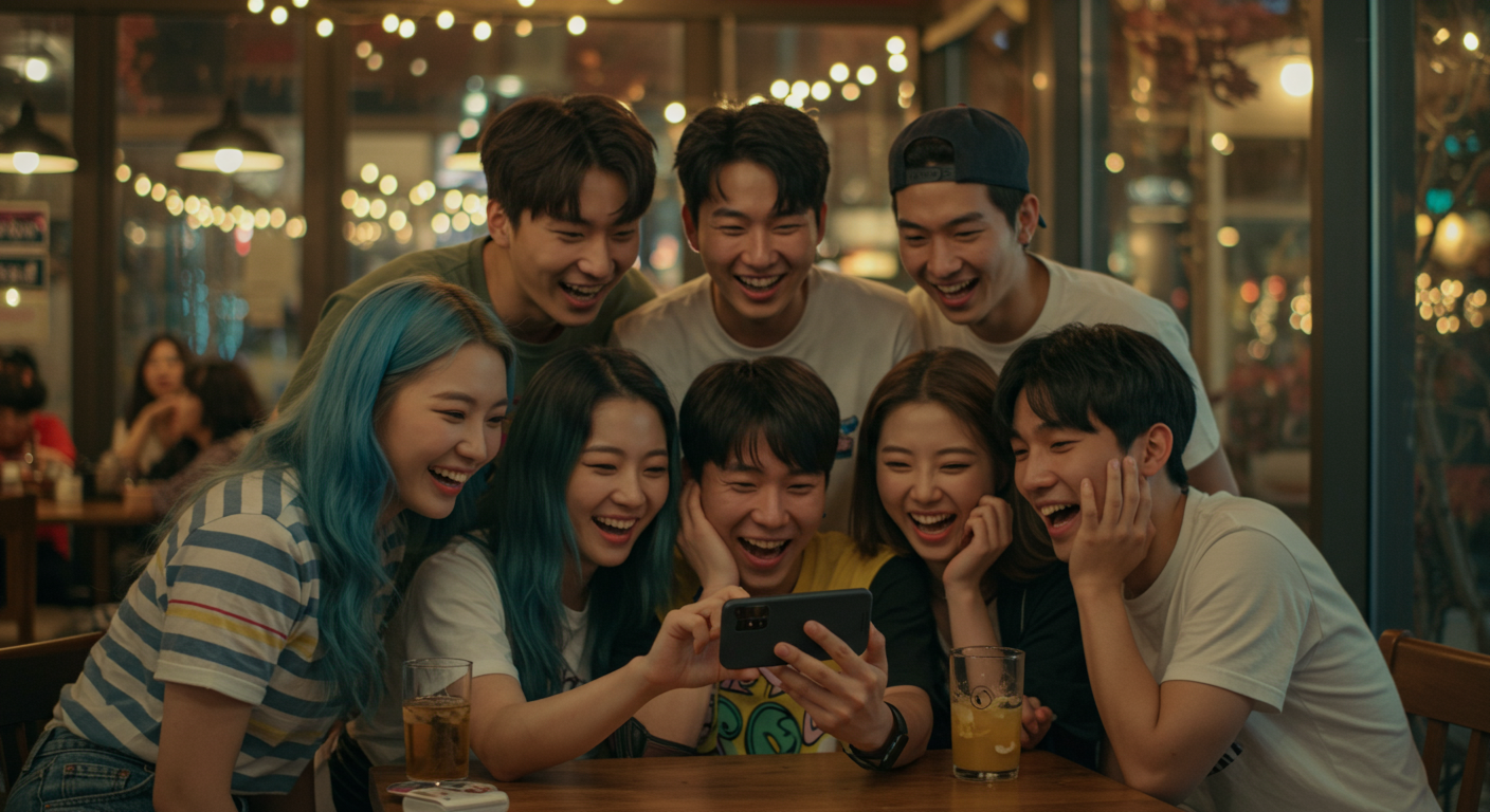 젊은 사람들이 카페에서 스마트폰으로 아재개그를 보고 웃고 있는 장면