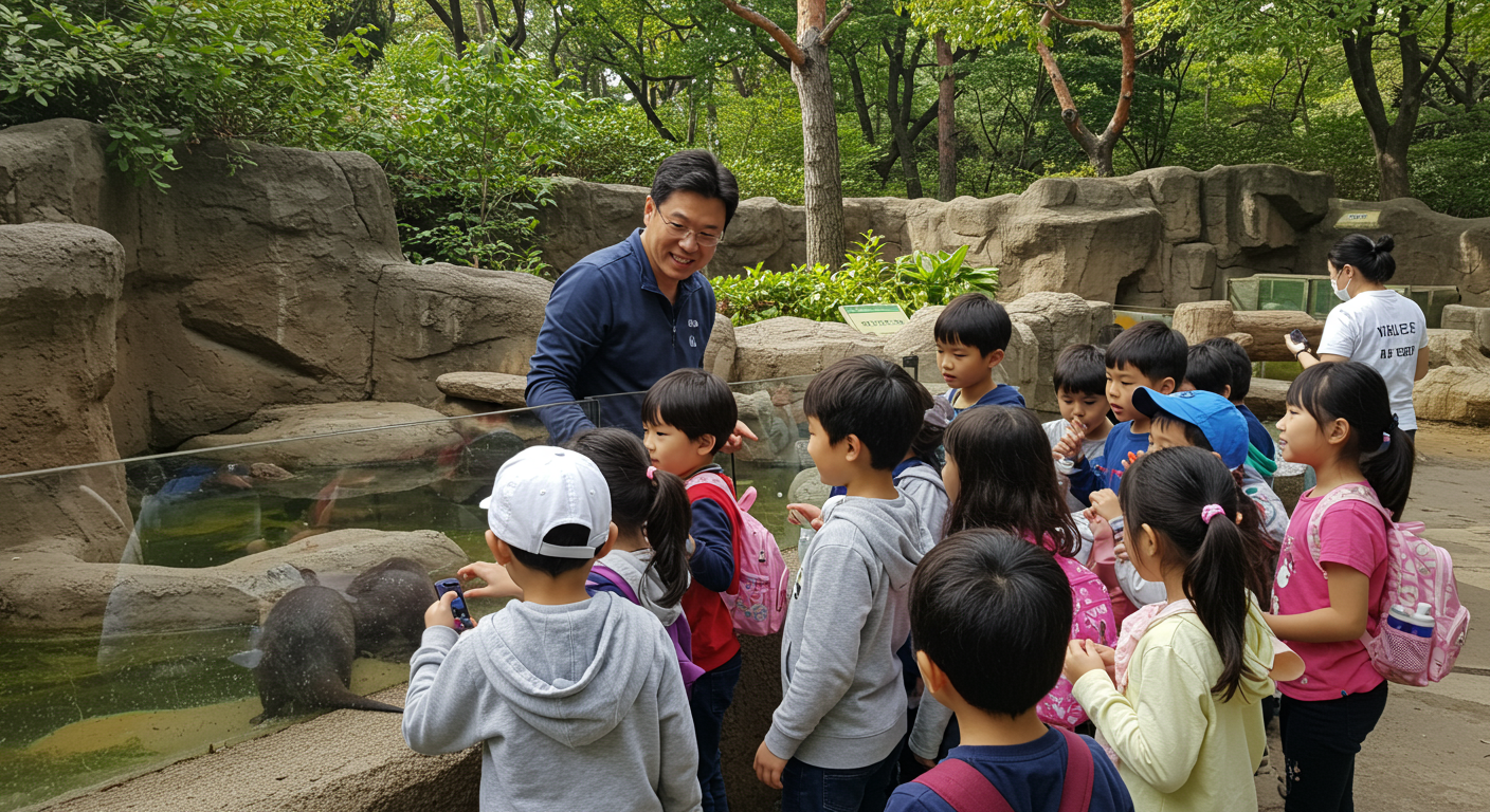 동물원에서 동물 관련 아재개그를 들으며 즐거워하는 아이들