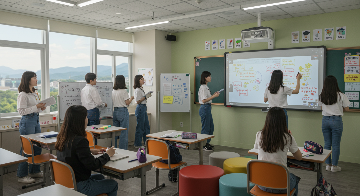 수학 문제를 푸는 과정에서 숫자 관련 말장난을 배우고 있는 교실 풍경